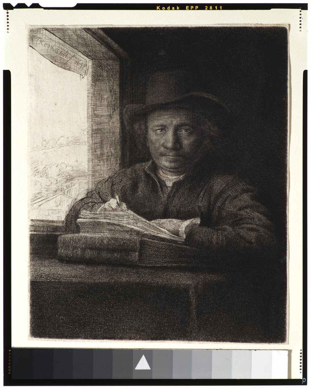 Auto-retrato, gravura em uma janela, 1648 (gravura e gravura em papel) de Rembrandt van Rijn