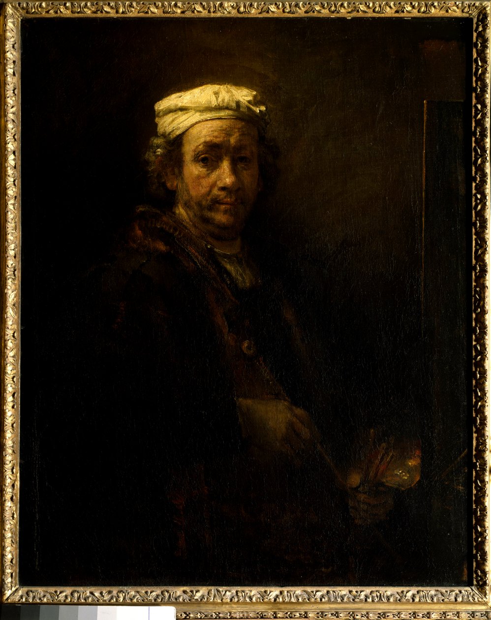 Auto-retrato no cavalete. Pintura por Rembrandt Harmenszoon van Rijn this Rembrandt (1606-1669) Ec. Hol. de Rembrandt van Rijn