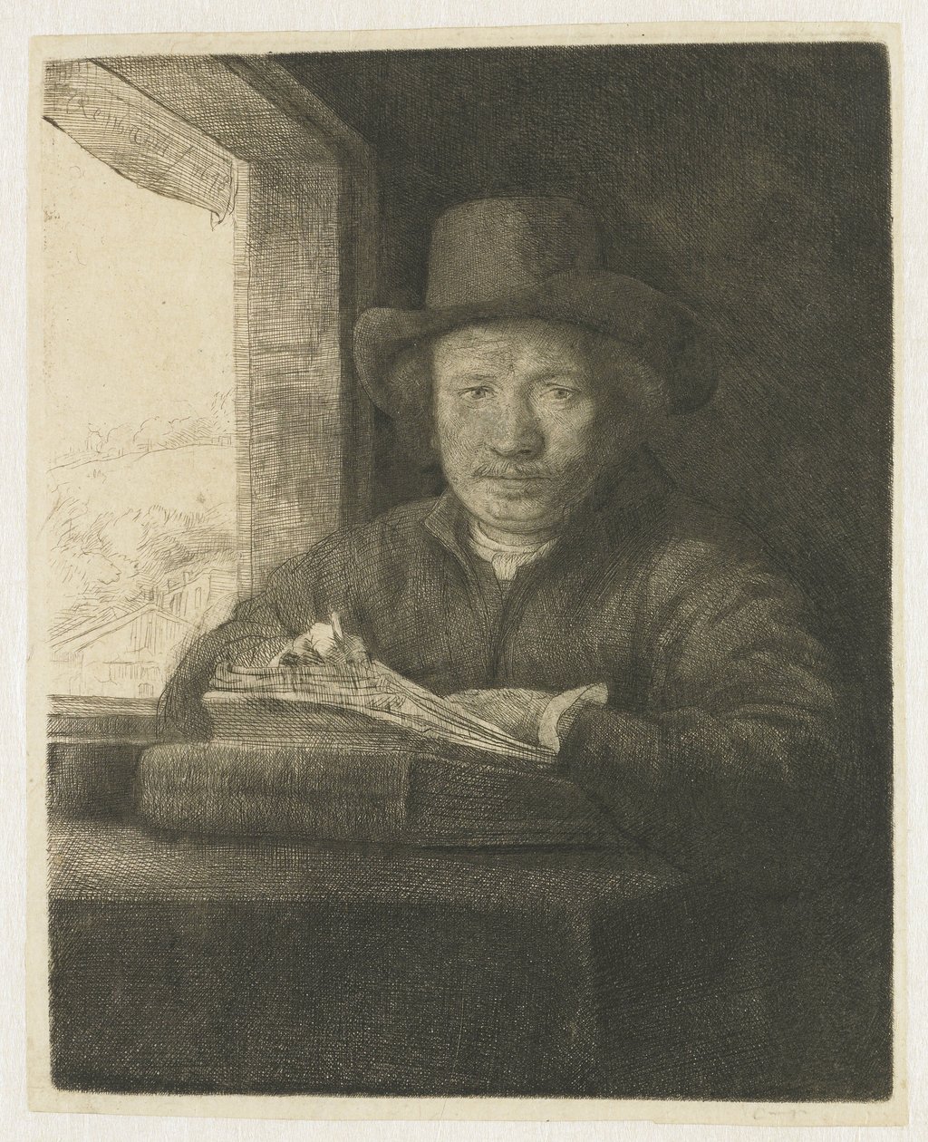 Gravura de auto-retrato a uma janela de Rembrandt van Rijn