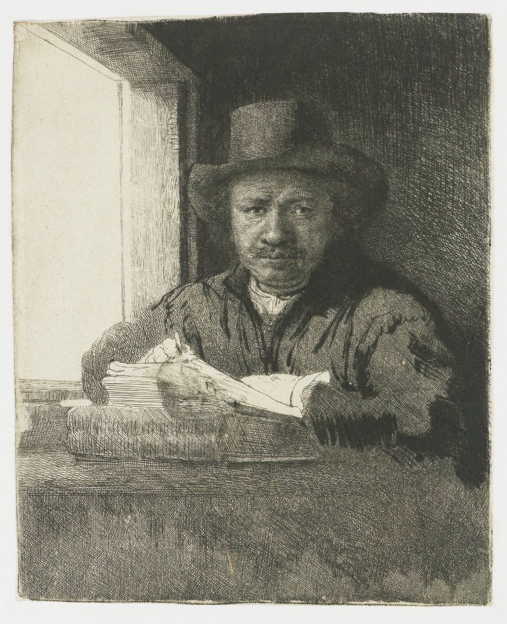Auto-retrato em gravura junto a uma janela de Rembrandt van Rijn