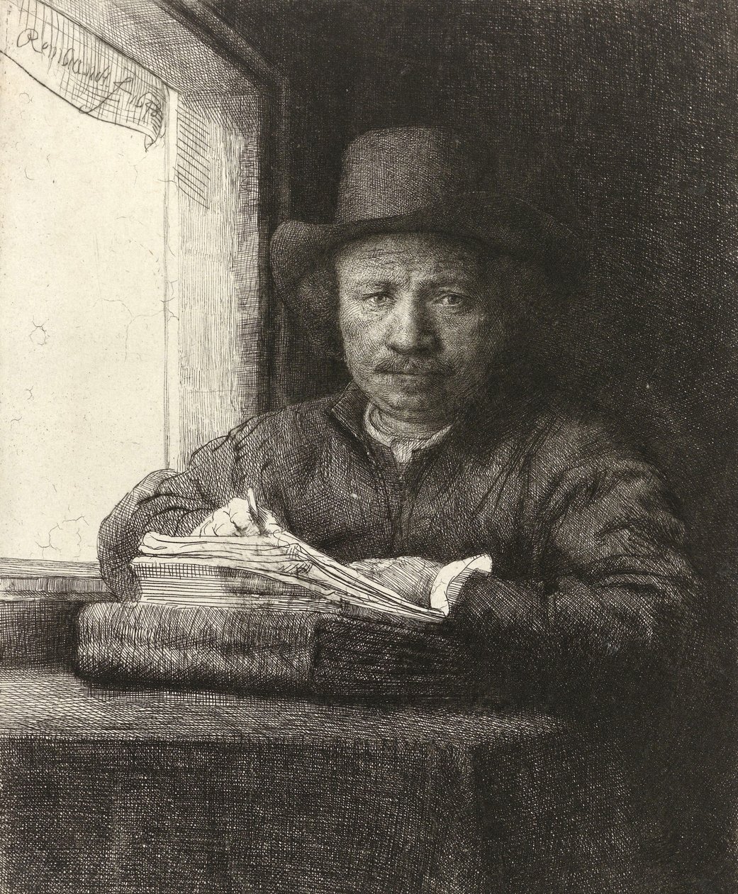 Auto-retrato gravura em uma janela, 1648 de Rembrandt van Rijn