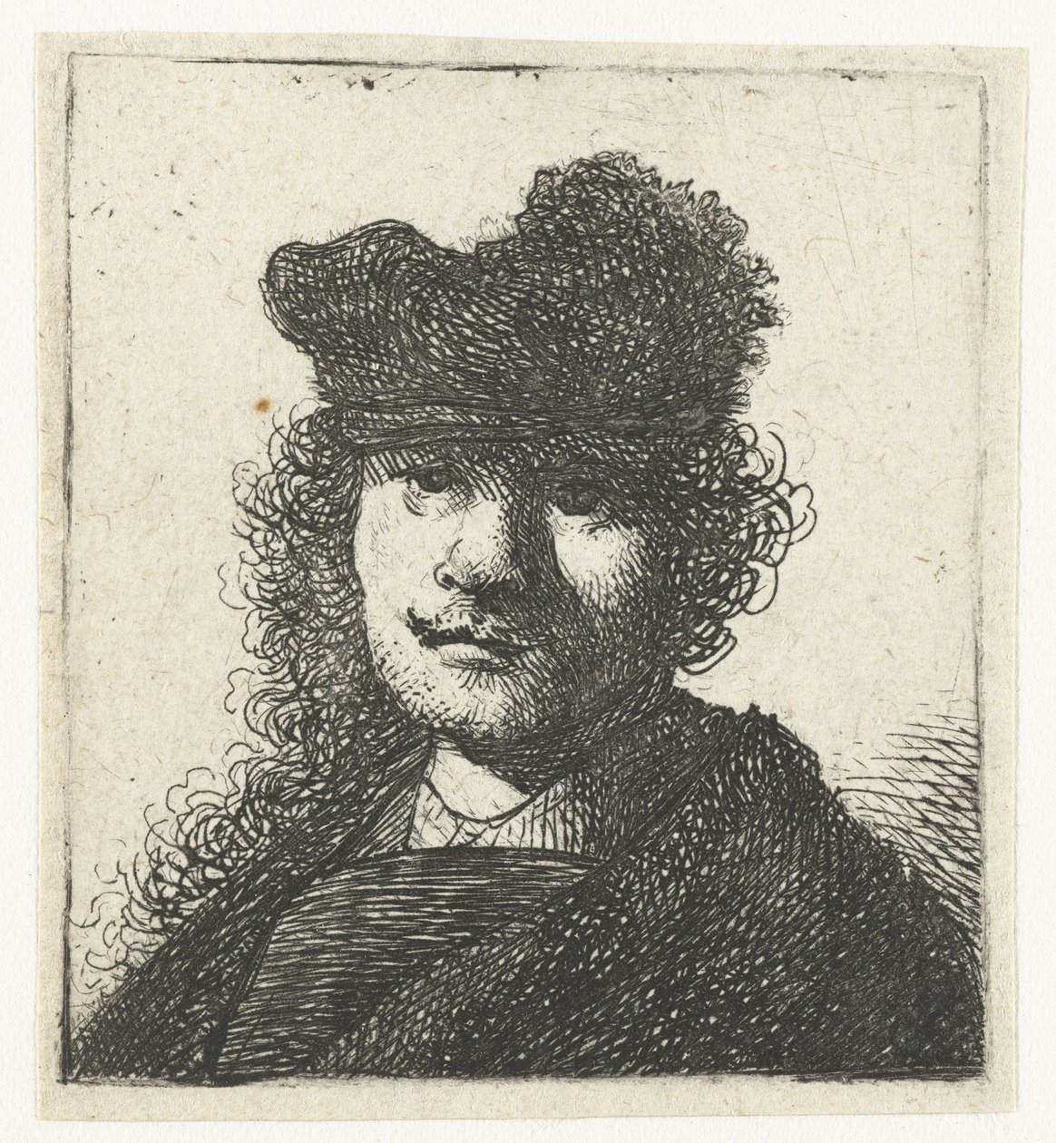 Auto-retrato de boné e manto escuro: busto de Rembrandt van Rijn