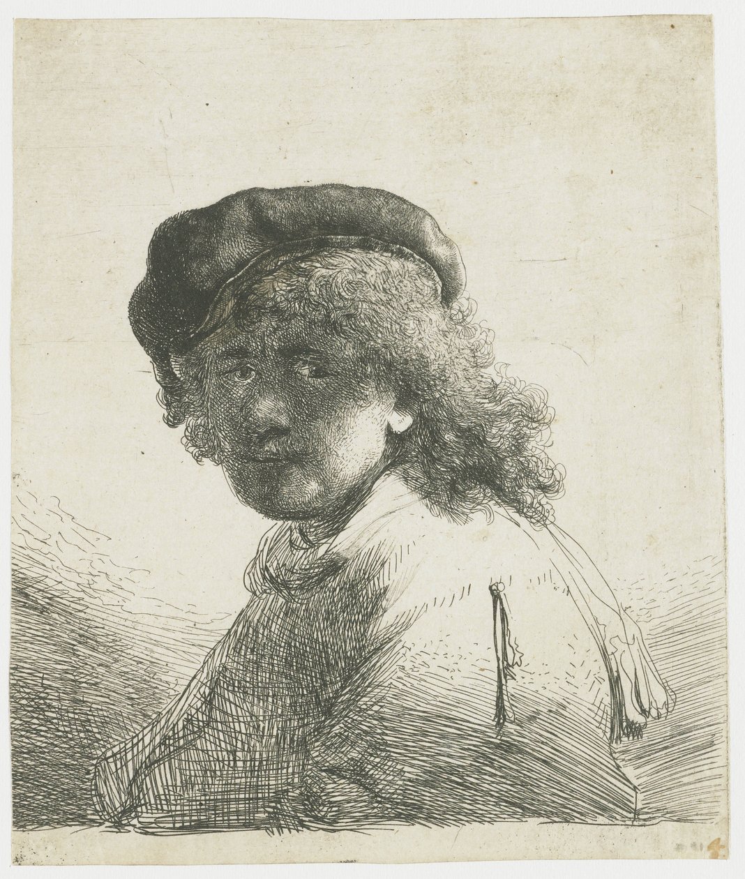 Autorretrato de boné e lenço com o rosto escuro: busto de Rembrandt van Rijn