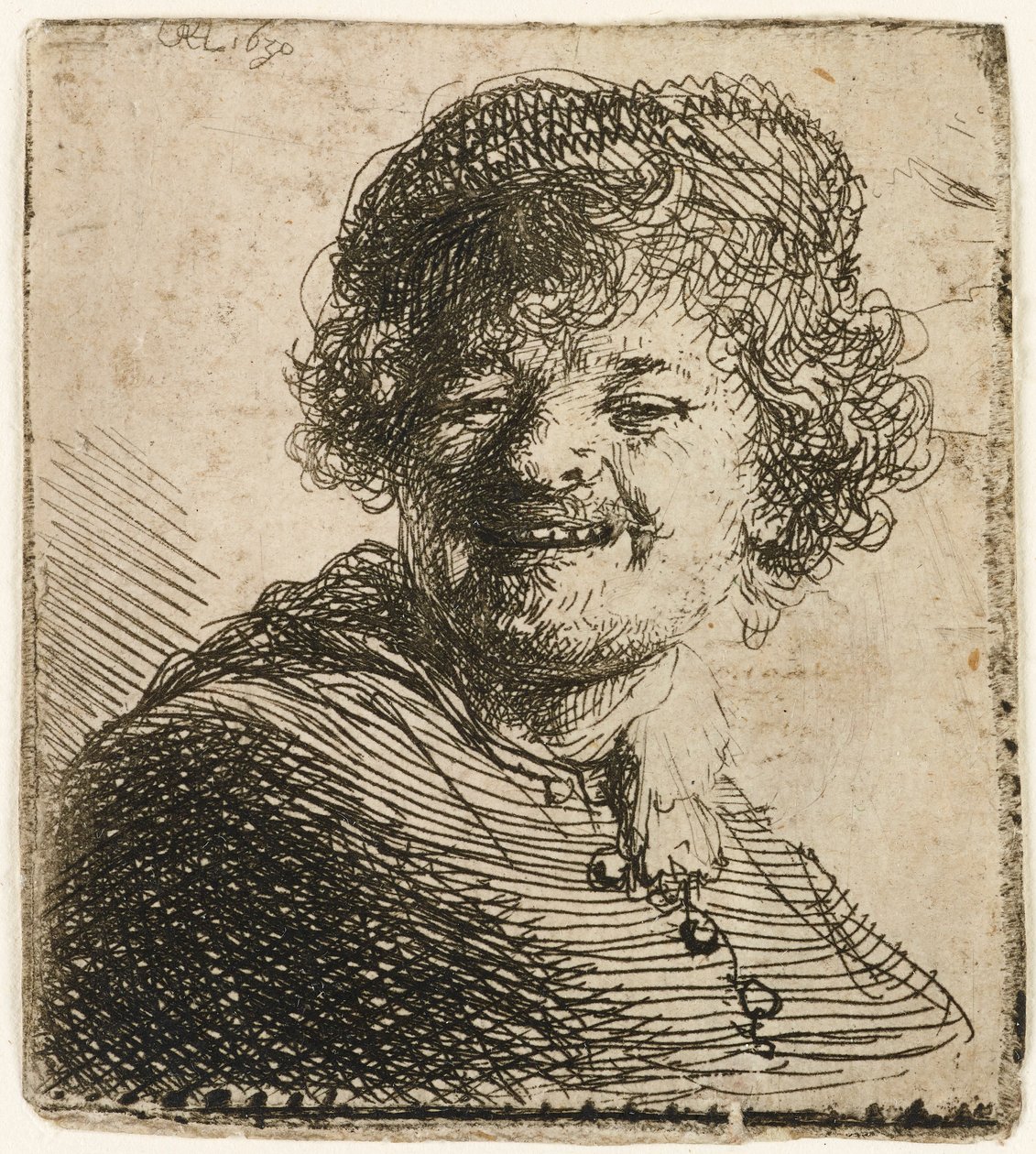 Auto-retrato de boné: rindo, 1630. de Rembrandt van Rijn