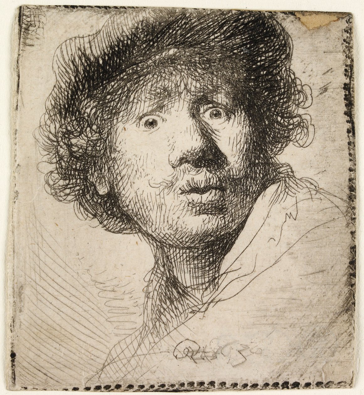 Auto-retrato de boné: de boca aberta, 1630. de Rembrandt van Rijn