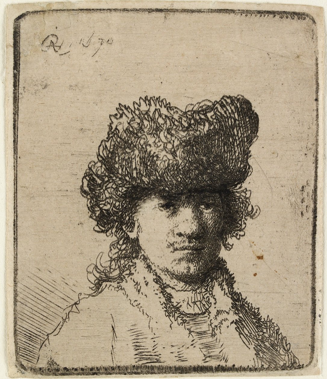 Auto-retrato com gorro de pele: busto, 1630. de Rembrandt van Rijn