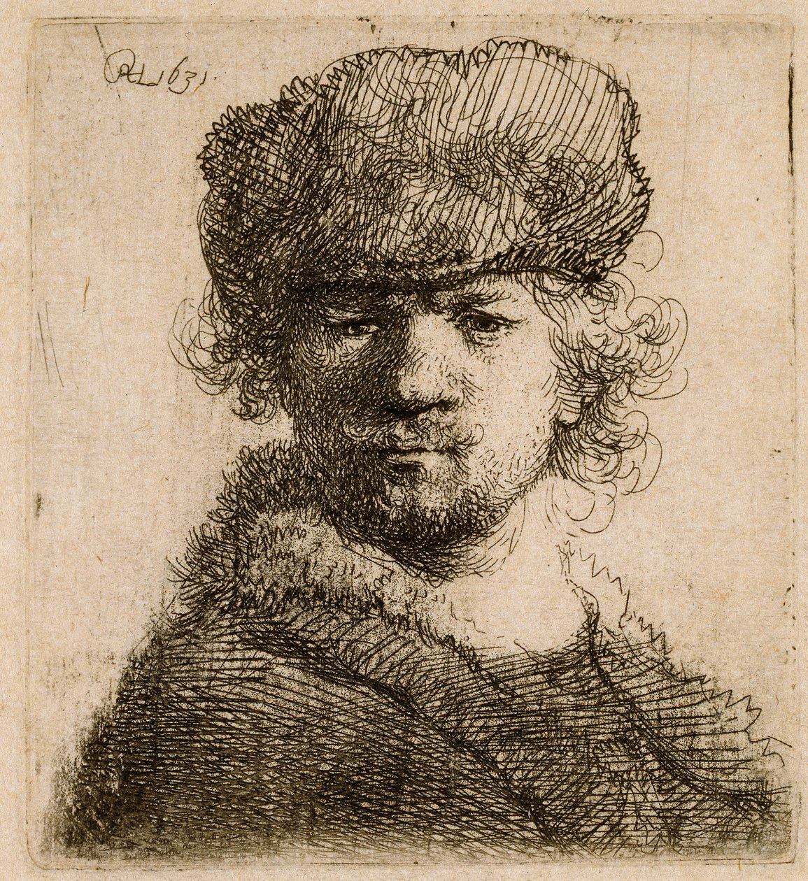 Auto-retrato com gorro de pele pesado: busto, 1631. de Rembrandt van Rijn