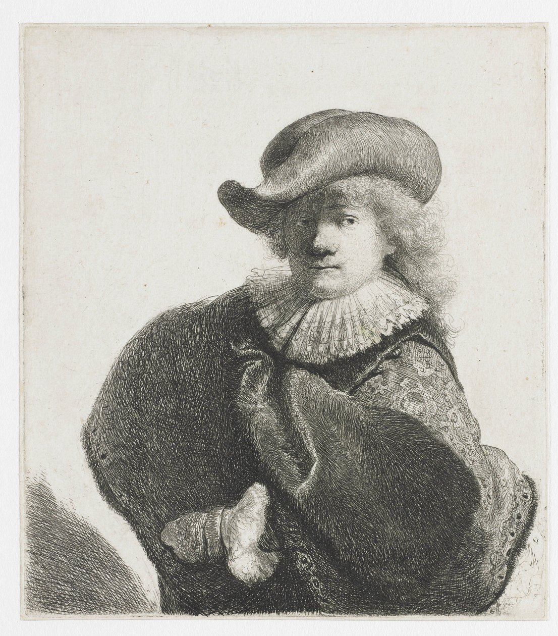 Auto-retrato com um chapéu macio e um manto com padrões de Rembrandt van Rijn