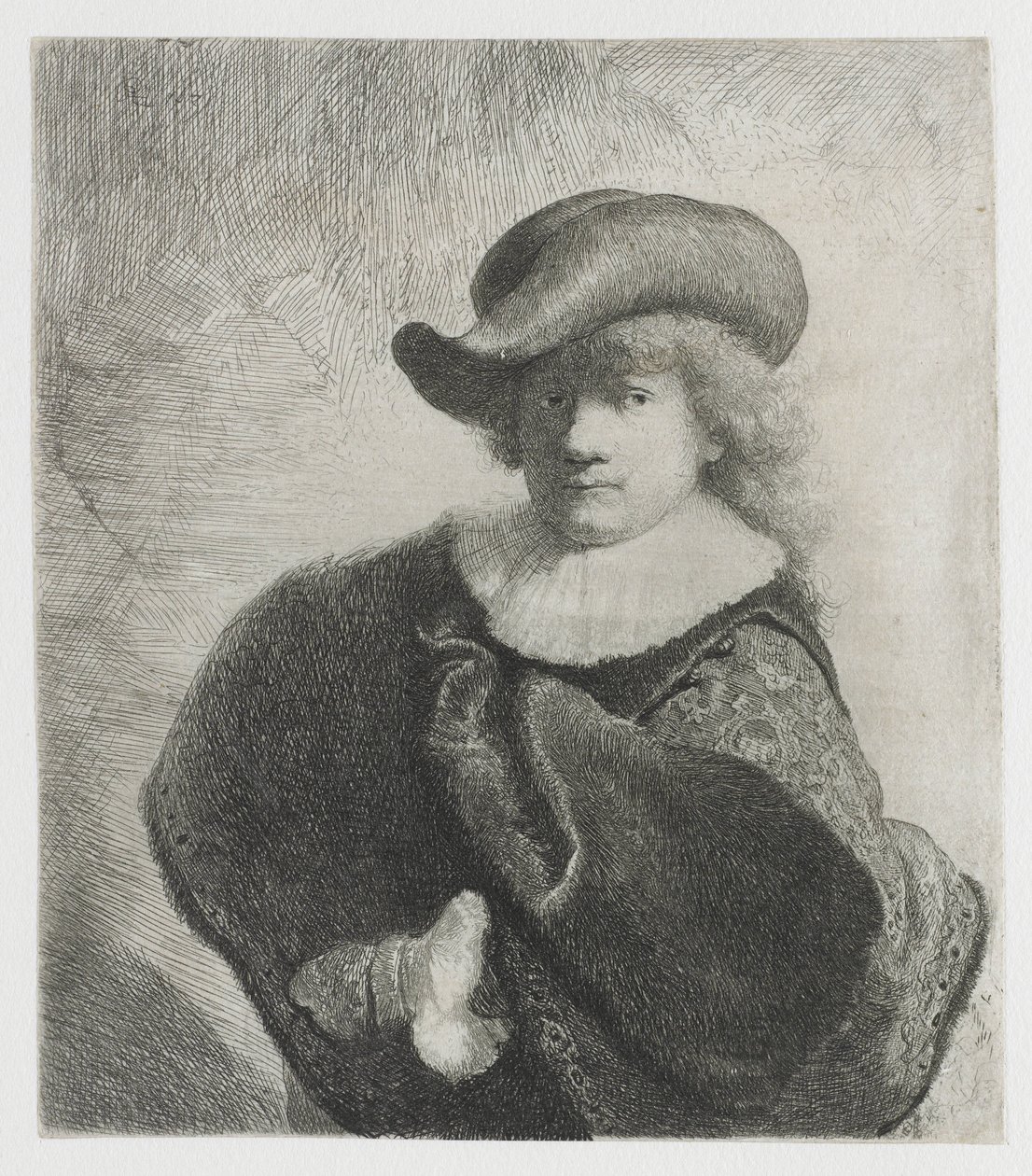 Auto-retrato com um chapéu macio e um manto com padrões de Rembrandt van Rijn