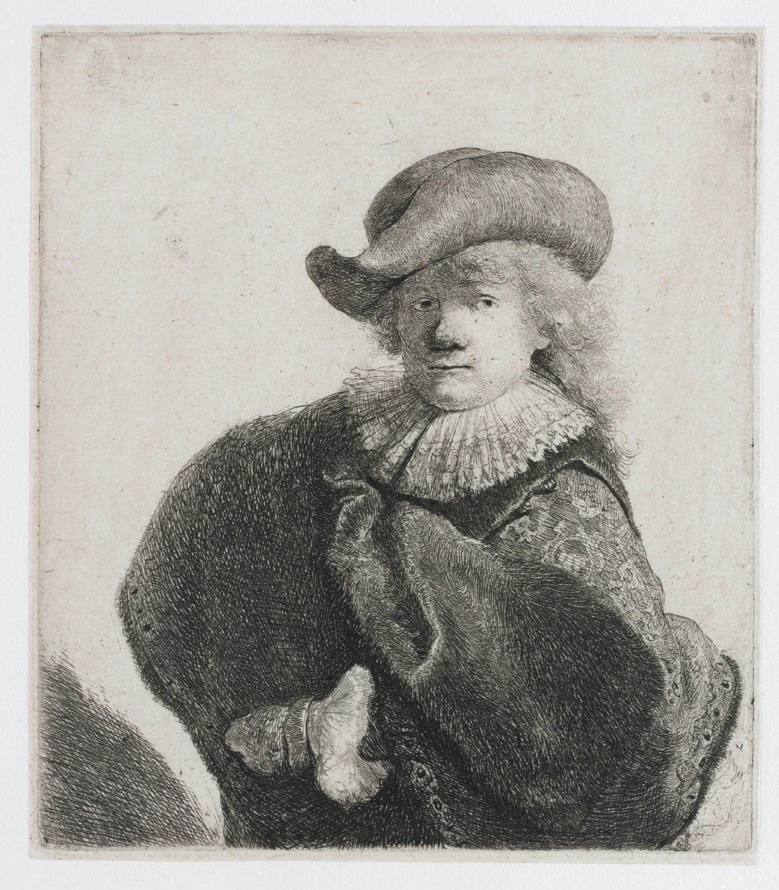 Auto-retrato com um chapéu macio e uma capa estampada de Rembrandt van Rijn