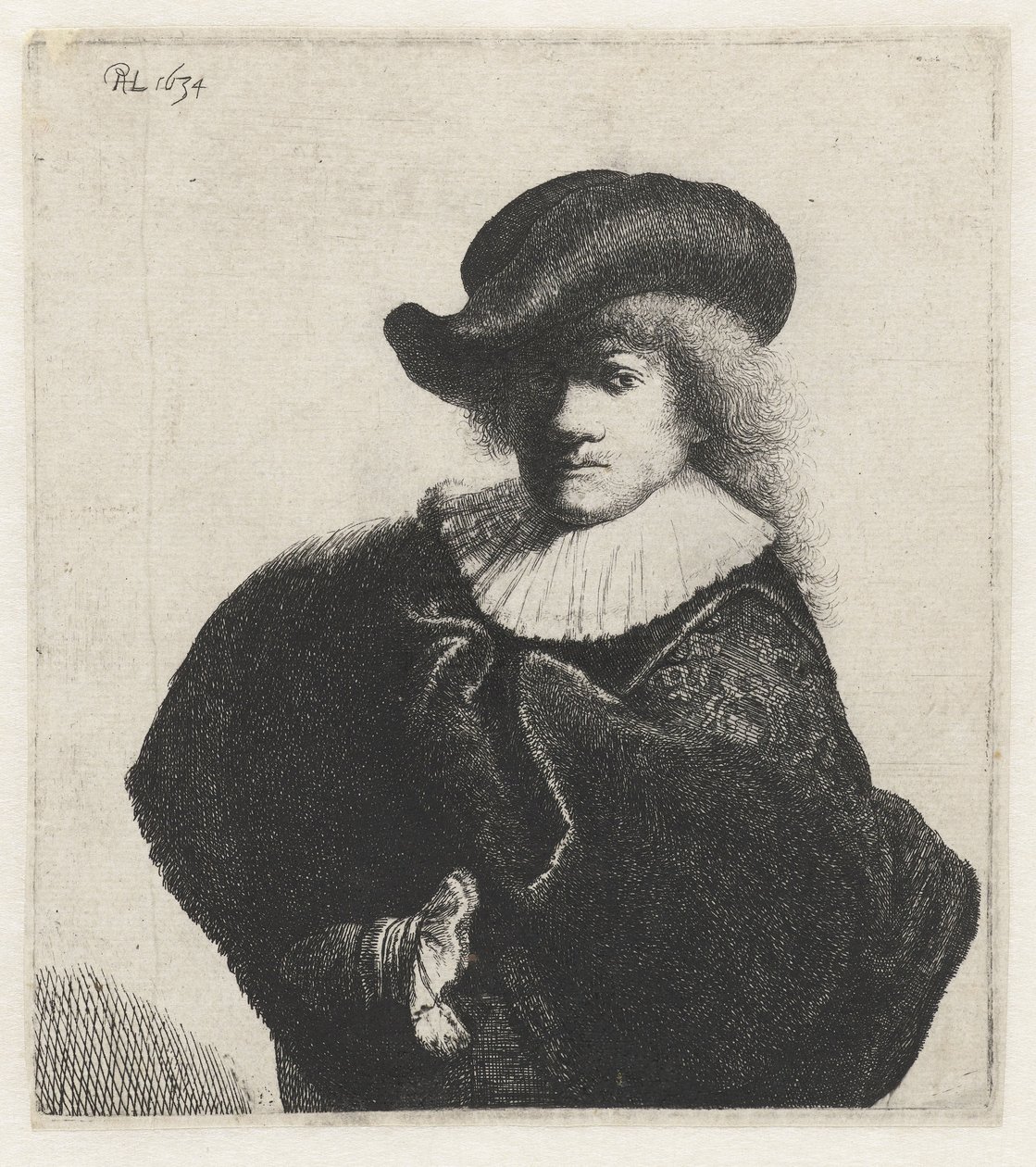 Auto-retrato com chapéu macio e manto bordado, 1634. de Rembrandt van Rijn