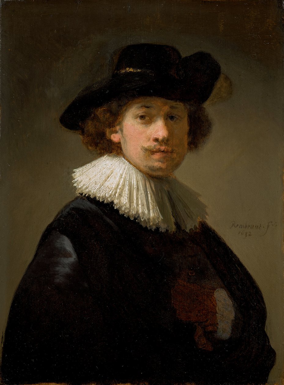 Auto-retrato, vestindo uma gola e chapéu preto, 1632. de Rembrandt van Rijn
