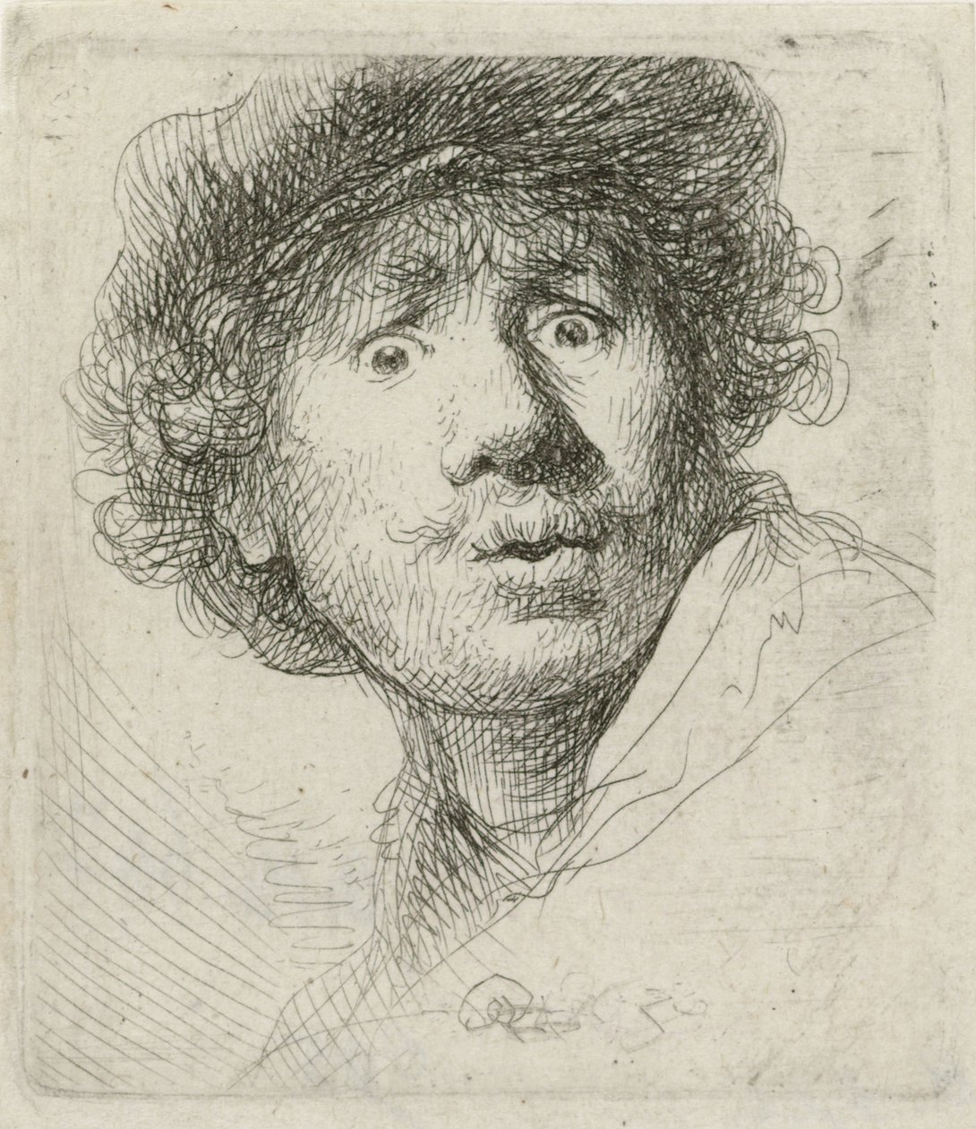 Auto-retrato com boina e olhos arregalados, 1630 de Rembrandt van Rijn