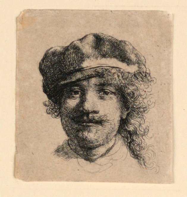 Auto-retrato usando um boné macio: rosto inteiro, apenas cabeça de Rembrandt van Rijn