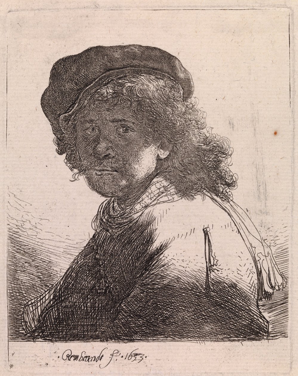 Auto-retrato com boné e cachecol, com o rosto escurecido de Rembrandt van Rijn