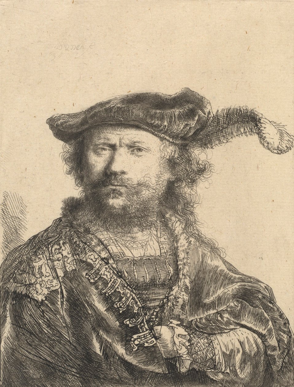 Auto-retrato em um boné de veludo com pluma, 1638 de Rembrandt van Rijn