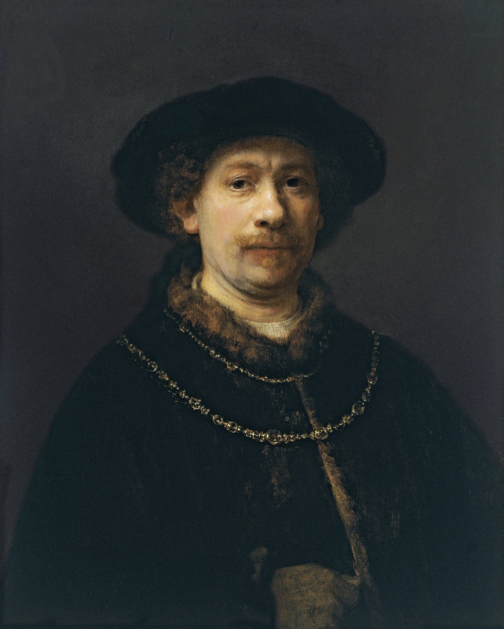 Auto-retrato com boina e duas correntes de ouro, ca 1642 de Rembrandt van Rijn