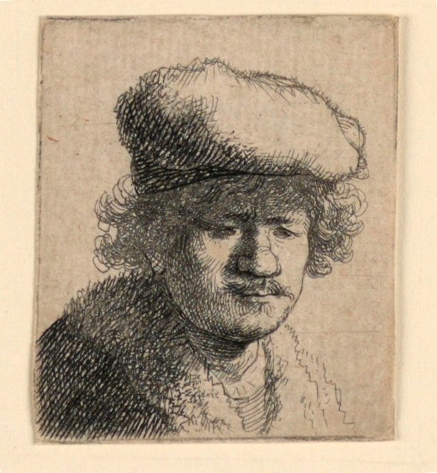 Autorretrato com boné puxado para frente de Rembrandt van Rijn