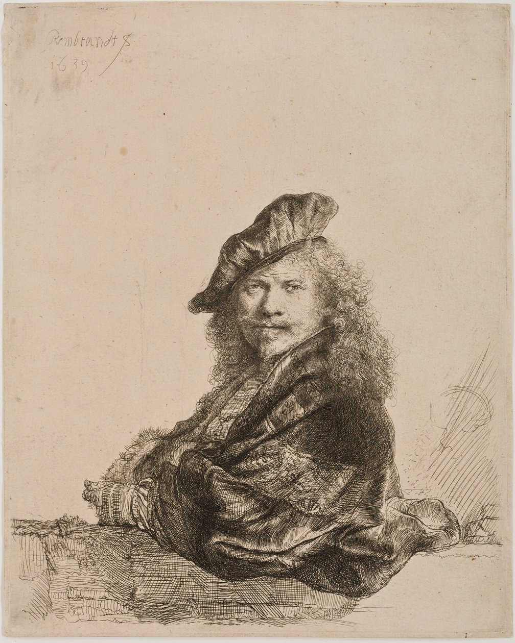 Auto-retrato apoiado em um peitoril da janela, 1639 (gravura e ponto seco) de Rembrandt van Rijn