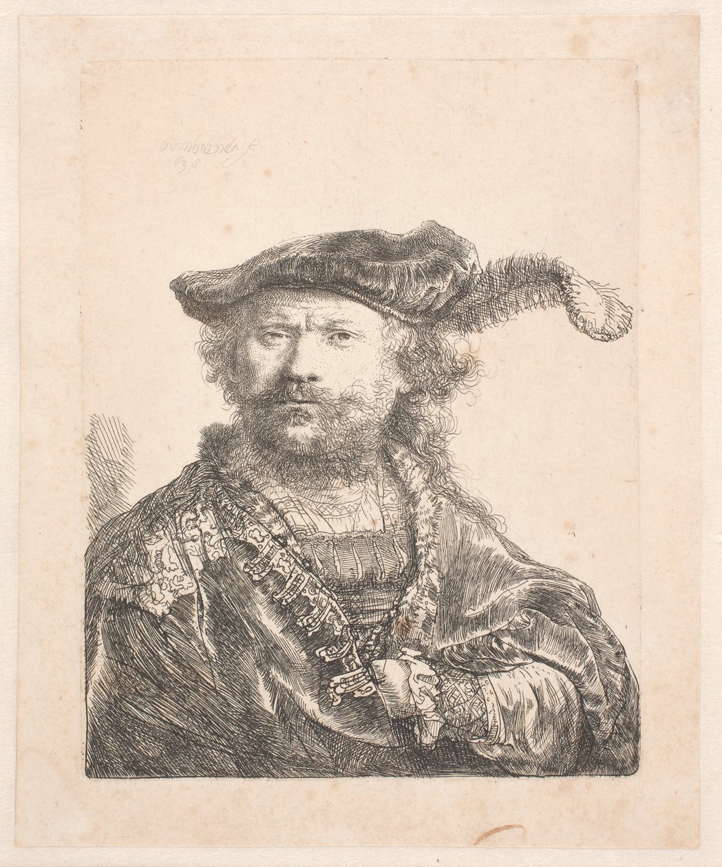 Autorretrato em gorro de veludo e pluma, com vestido bordado: busto de Rembrandt van Rijn