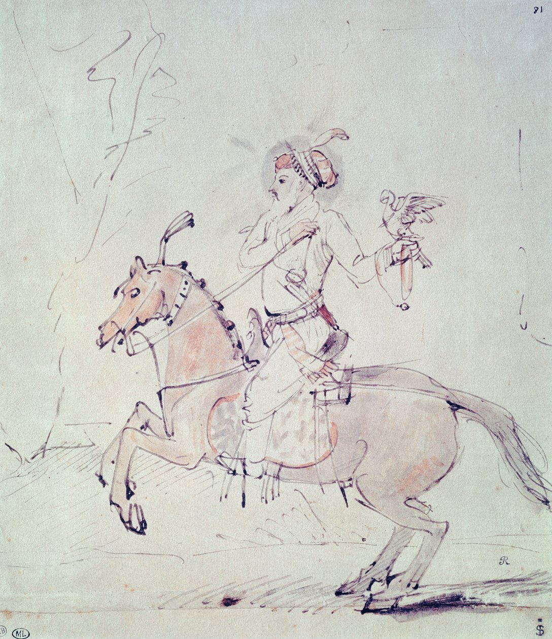 Shah Jehan com falcão a cavalo (caneta e tinta no papel) de Rembrandt van Rijn