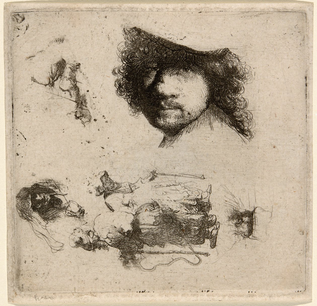 Folha de Estudos: Cabeça do Artista, Casal de Mendigos, Cabeças de Velho e Velha, etc. de Rembrandt van Rijn