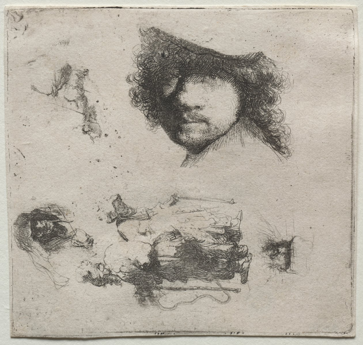 Folha de Estudos: Autorretrato, Casal de Mendigos, etc. de Rembrandt van Rijn
