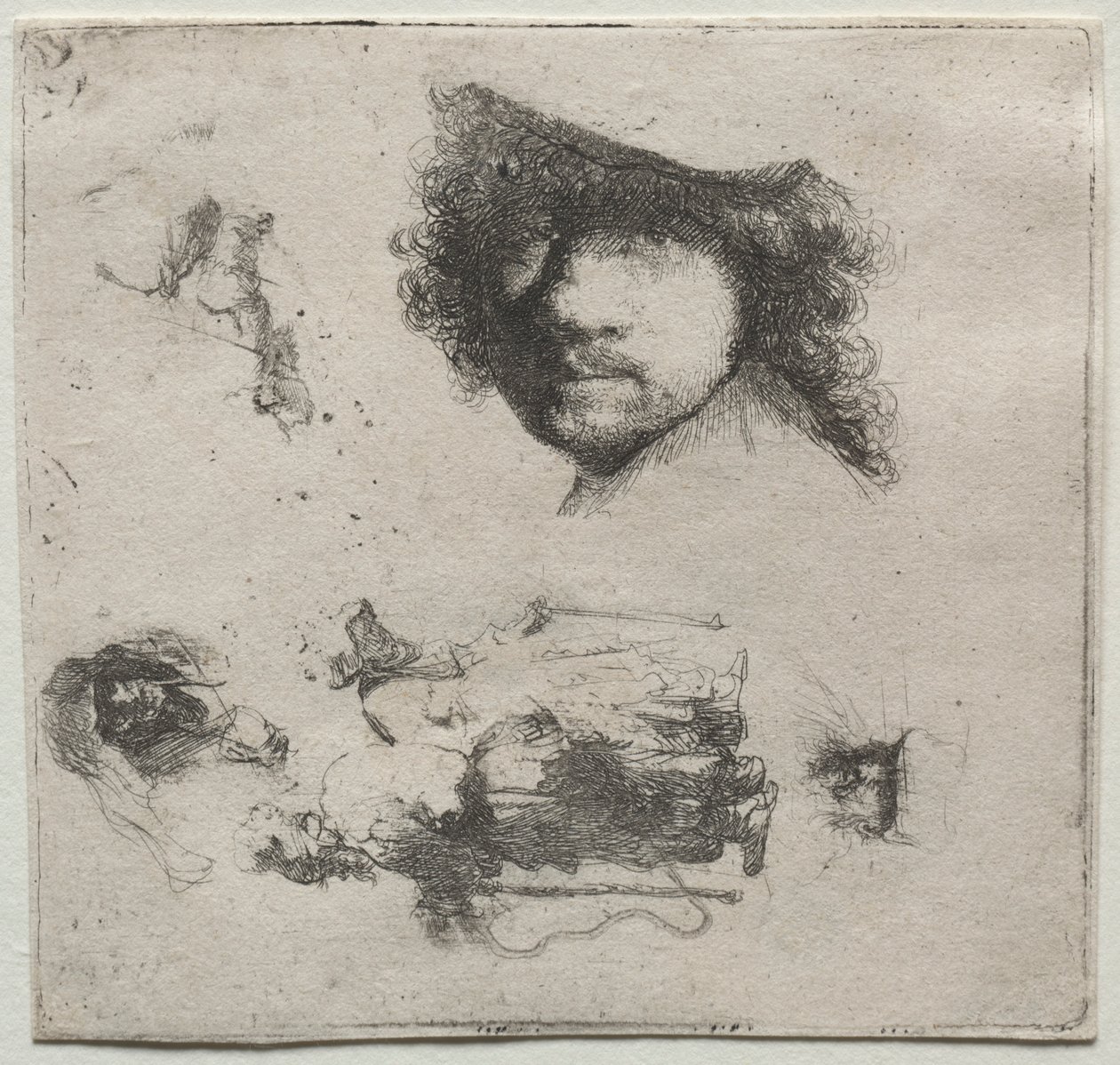 Folha de estudos: Auto-retrato, um casal de mendigos, etc., c. 1632 de Rembrandt van Rijn