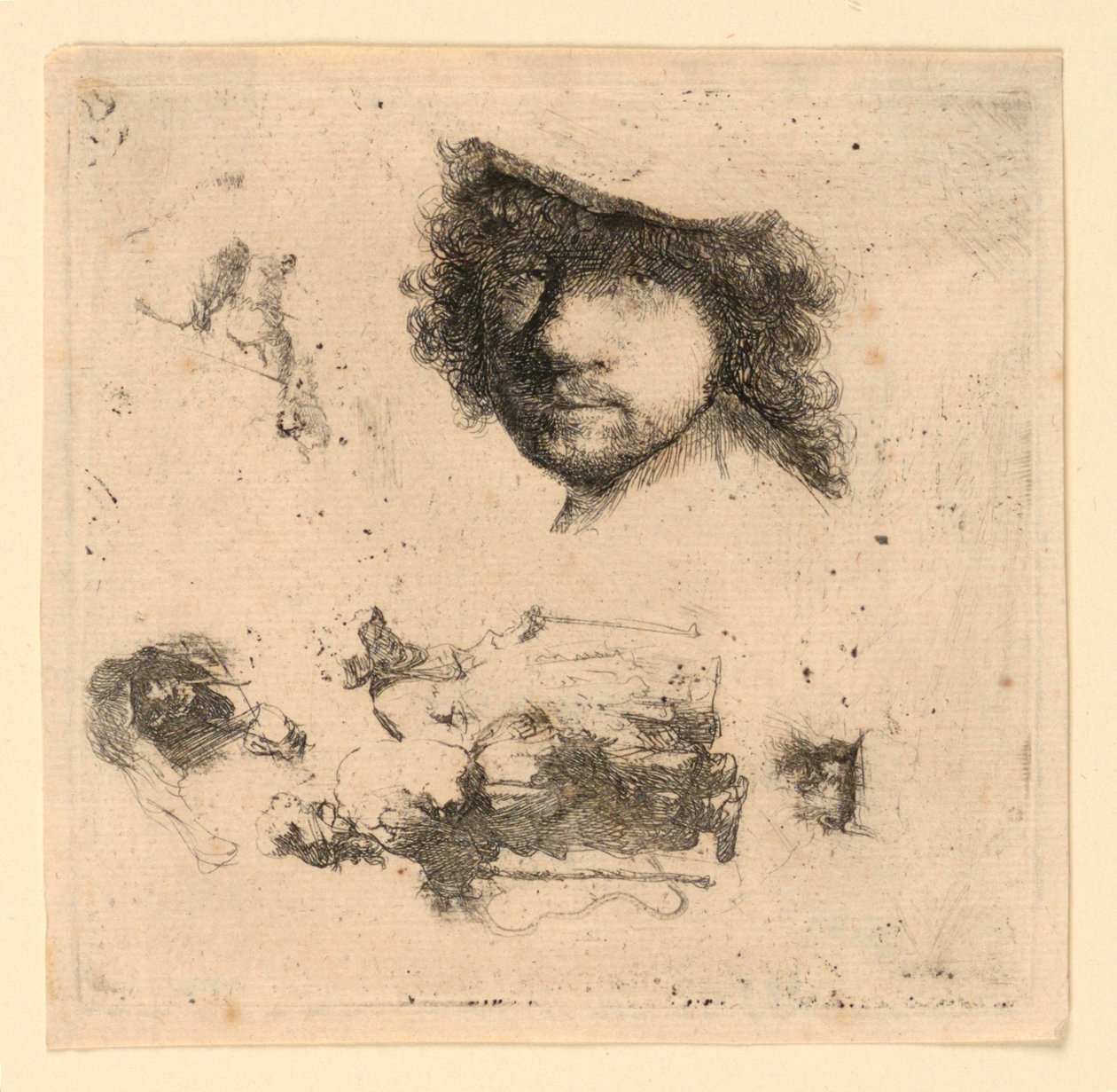 Folha de Estudos: Autorretrato, Casal de Mendigos, Cabeças de Velho e Velha, etc. de Rembrandt van Rijn