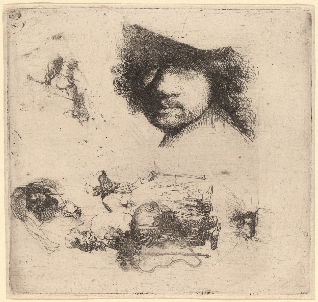 Folha de estudos, incluindo o chefe do artista, um casal de mendigos, cabeças de um velho e uma velha de Rembrandt van Rijn
