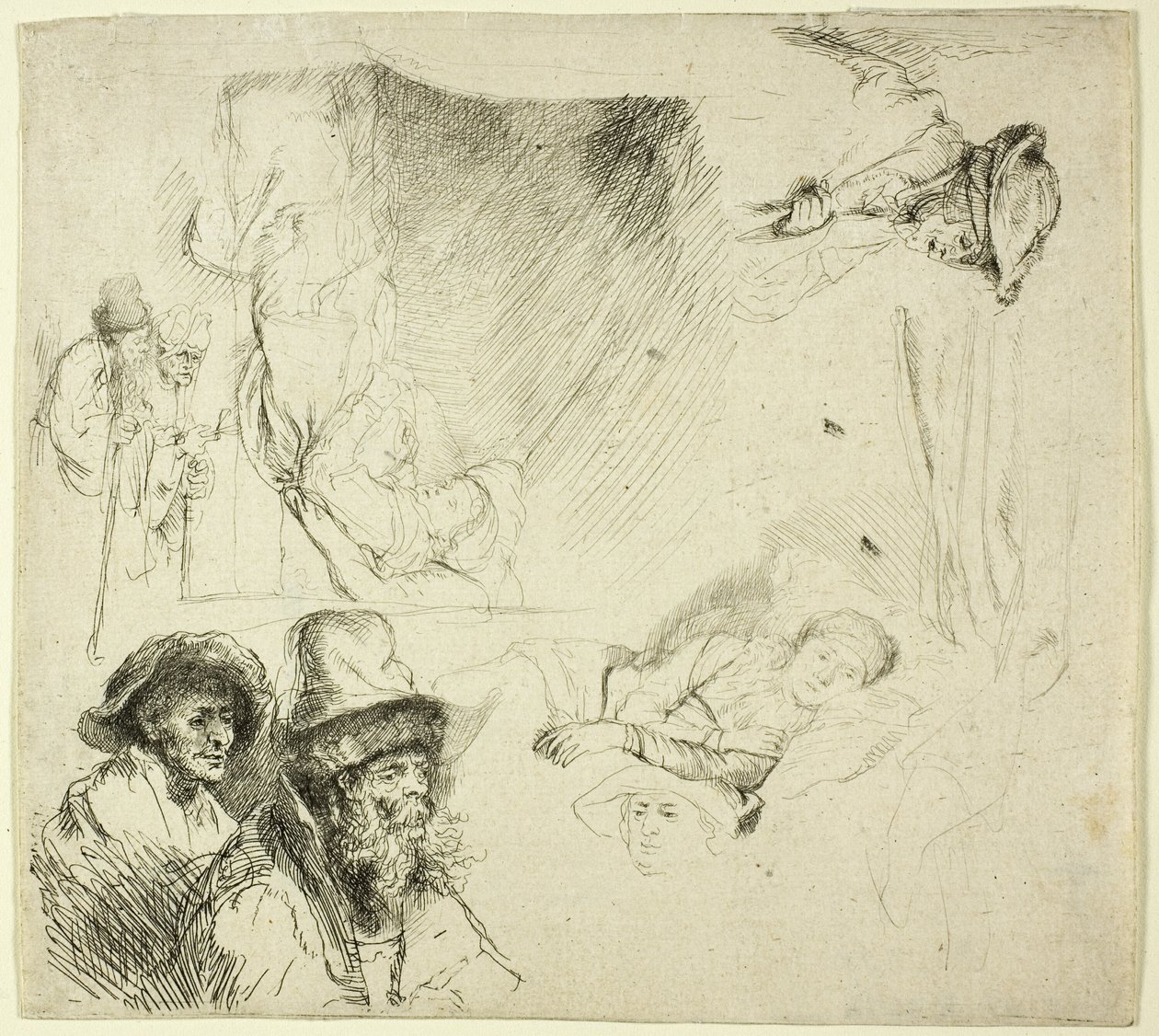 Folha de estudos, com uma mulher deitada doente na cama de Rembrandt van Rijn