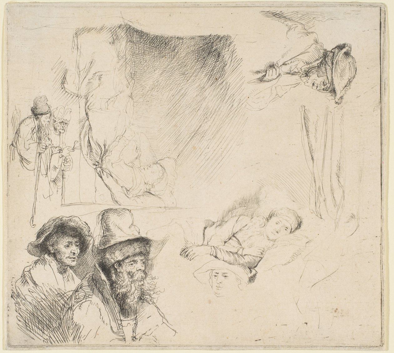Folha de estudos com uma mulher deitada doente na cama, etc., ca. 164142. de Rembrandt van Rijn