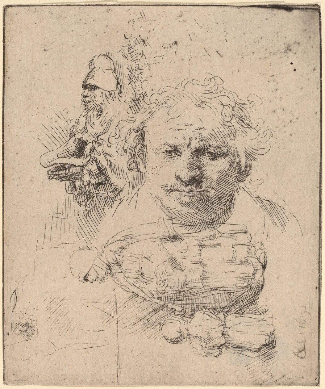 Folha de estudos com o chefe do artista, um mendigo e mulher e criança de Rembrandt van Rijn