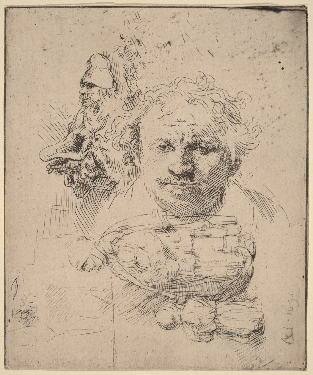 Folha de esboços com o rosto do artista, um mendigo, uma mulher e uma criança de Rembrandt van Rijn