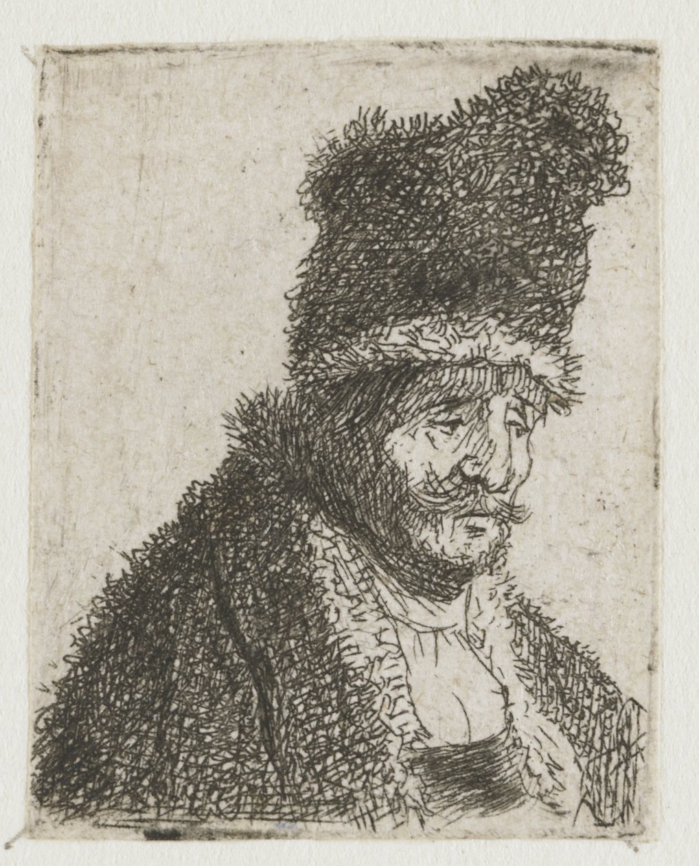 Folha com estudos da cabeça de homens: ancião com casaco de peles e gorro alto de Rembrandt van Rijn