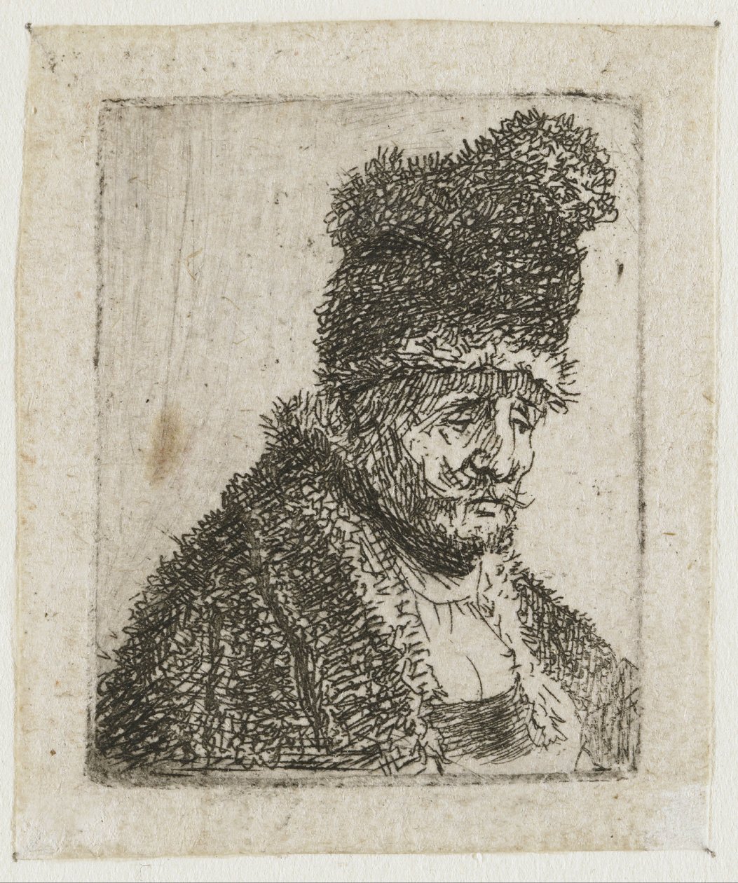 Folha com estudos da cabeça de homens: ancião com casaco de peles e gorro alto de Rembrandt van Rijn