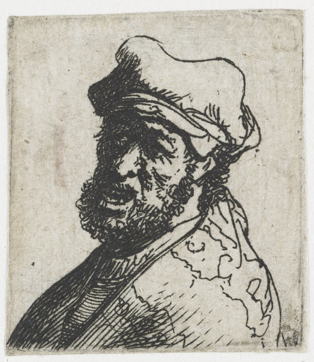 Folha com estudos de cabeças masculinas: homem a gritar, três quartos à esquerda: busto de Rembrandt van Rijn