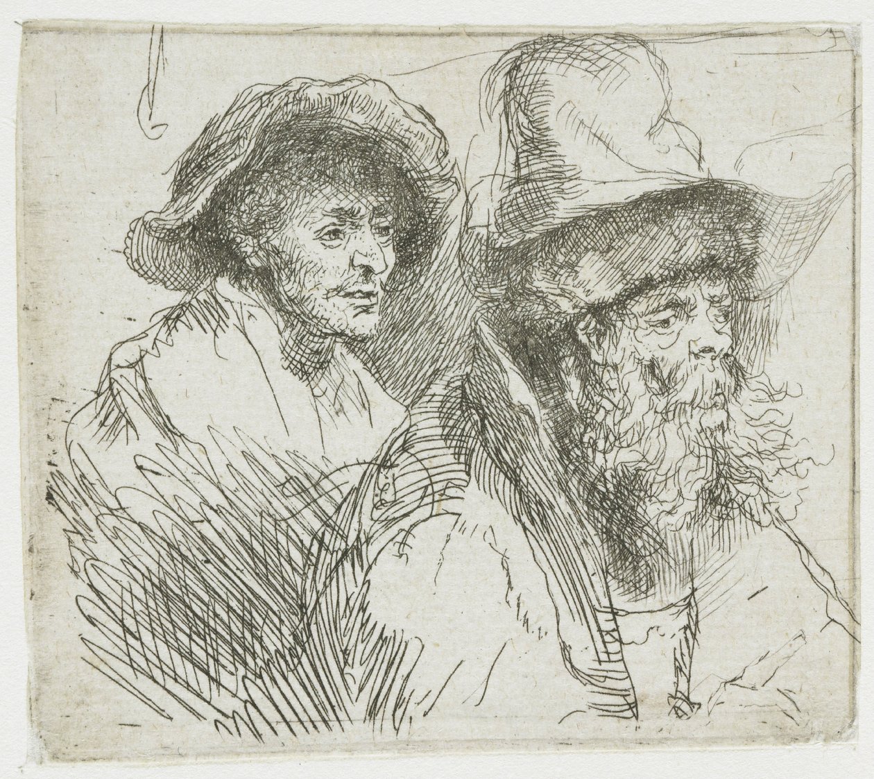 Folha de esboços, com uma mulher deitada na cama, doente: bustos de duas figuras masculinas de Rembrandt van Rijn