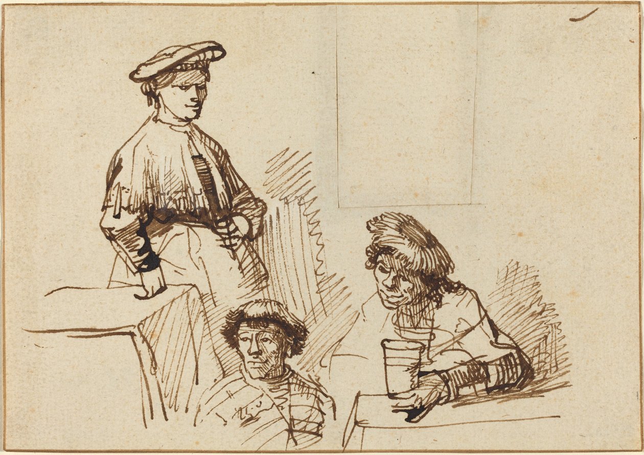 Esboços de uma taverna: mulher em pé e dois homens sentados de Rembrandt van Rijn