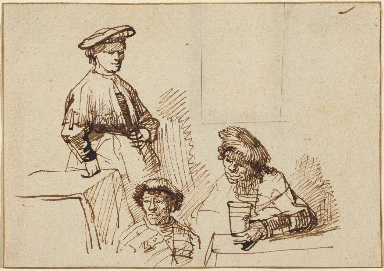 Esboços de uma taberna: uma mulher de pé e dois homens sentados de Rembrandt van Rijn