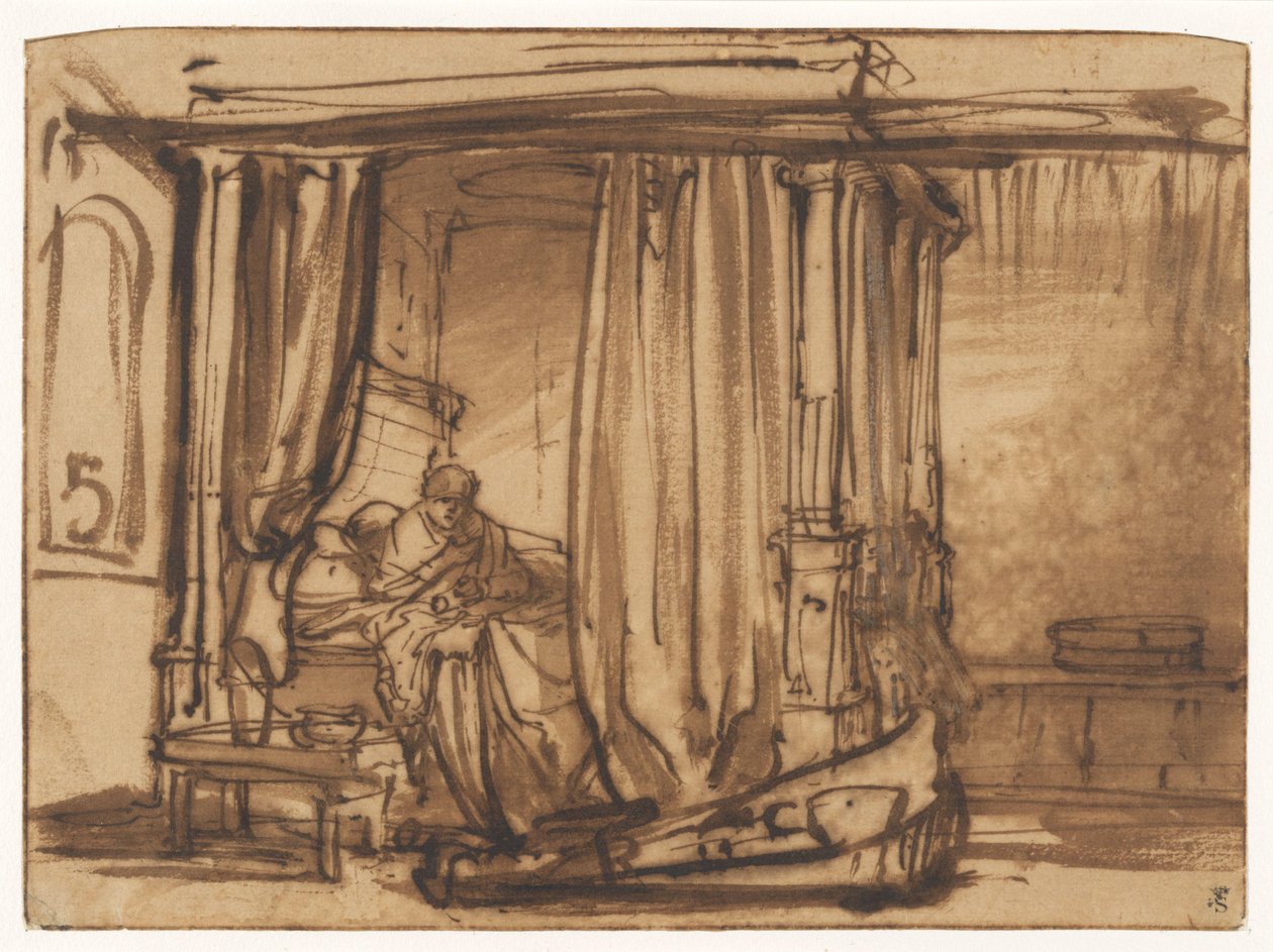 Quarto com a Saskia sentada numa cama de dossel de Rembrandt van Rijn