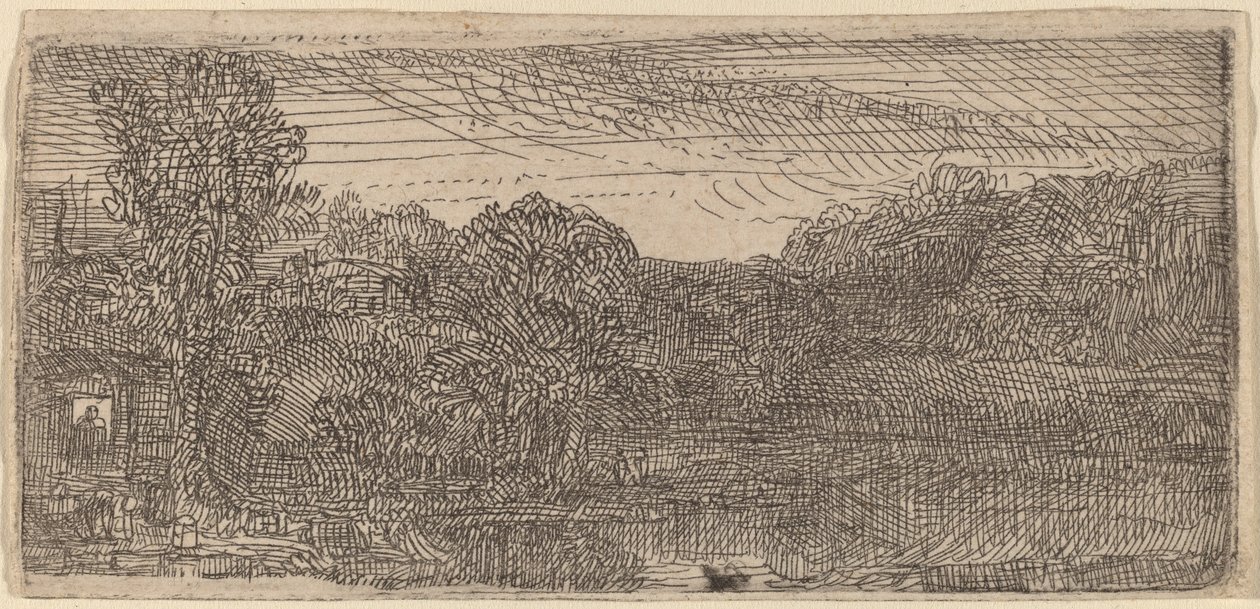 Pequena paisagem cinza: uma casa e árvores ao lado de uma piscina de Rembrandt van Rijn