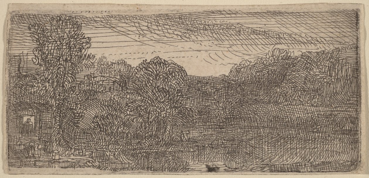 Paisagem cinzenta de pequenas dimensões: uma casa e árvores junto a uma piscina de Rembrandt van Rijn