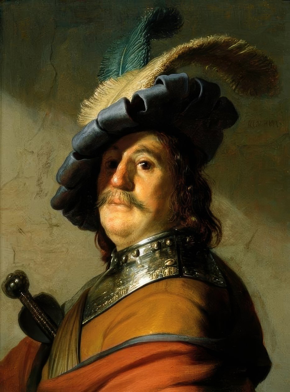 Soldado com gola de ferro e chapéu de penas de Rembrandt van Rijn