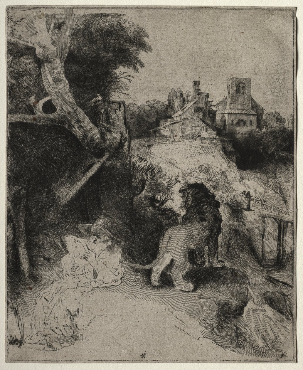 St. Jerome Reading em uma paisagem italiana, c. 1653 de Rembrandt van Rijn