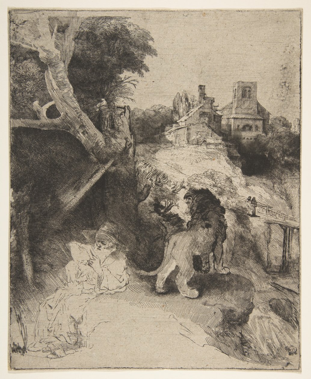 St. Jerome Reading em uma paisagem italiana, ca. 1653 de Rembrandt van Rijn