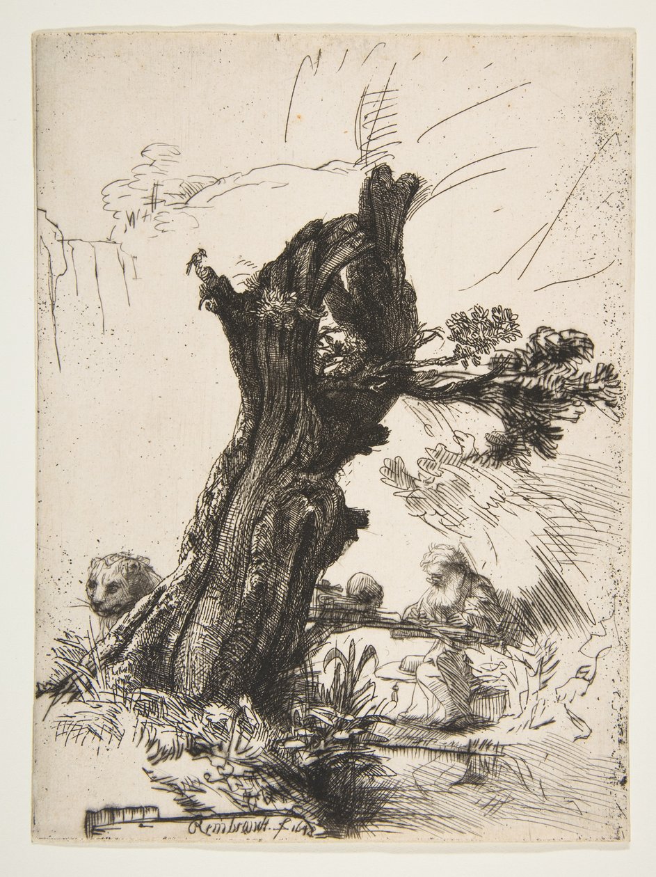 São Jerônimo ao lado de um Pollard Willow, 1648. de Rembrandt van Rijn