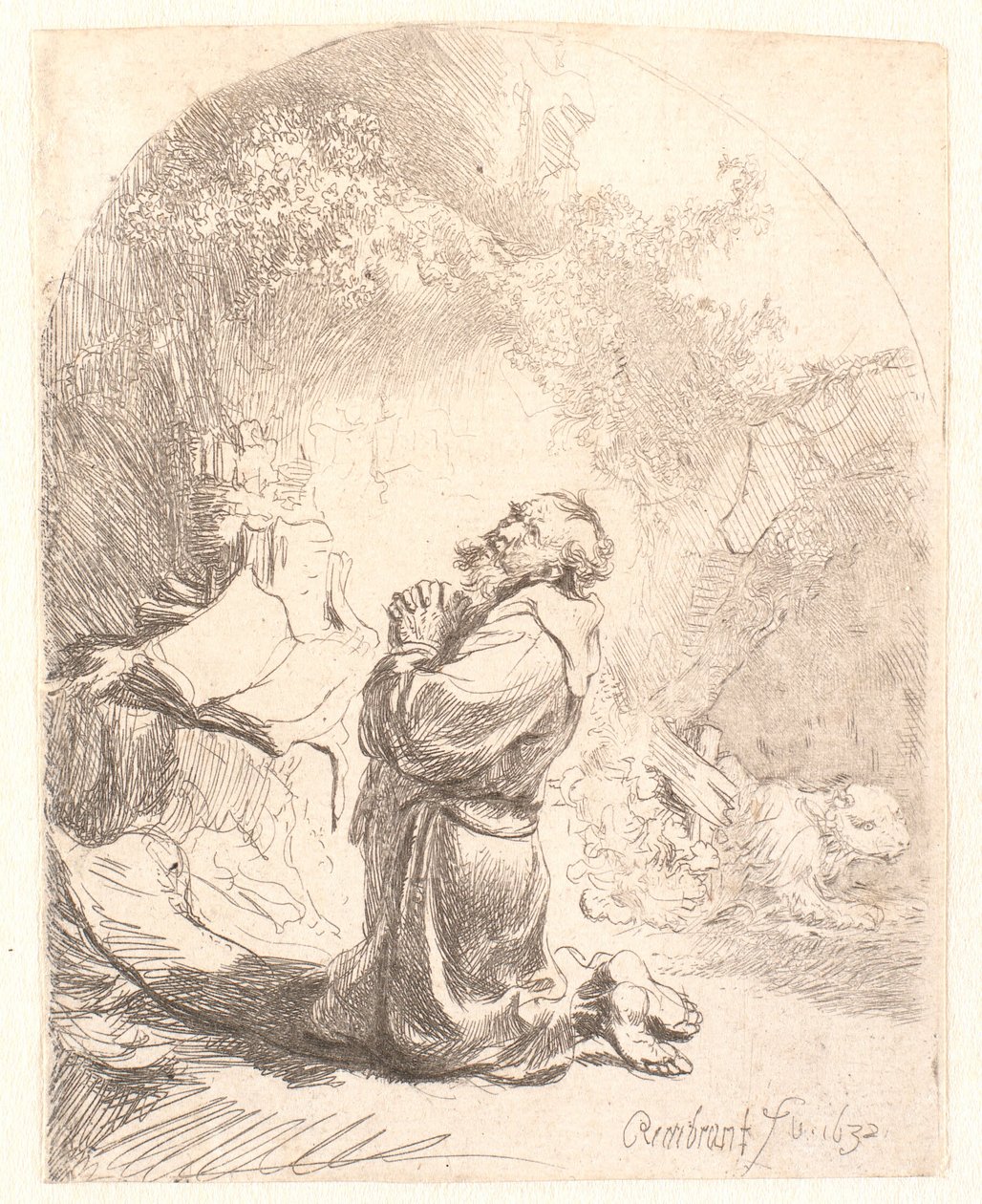 São Jerônimo rezando: estampa em arco de Rembrandt van Rijn