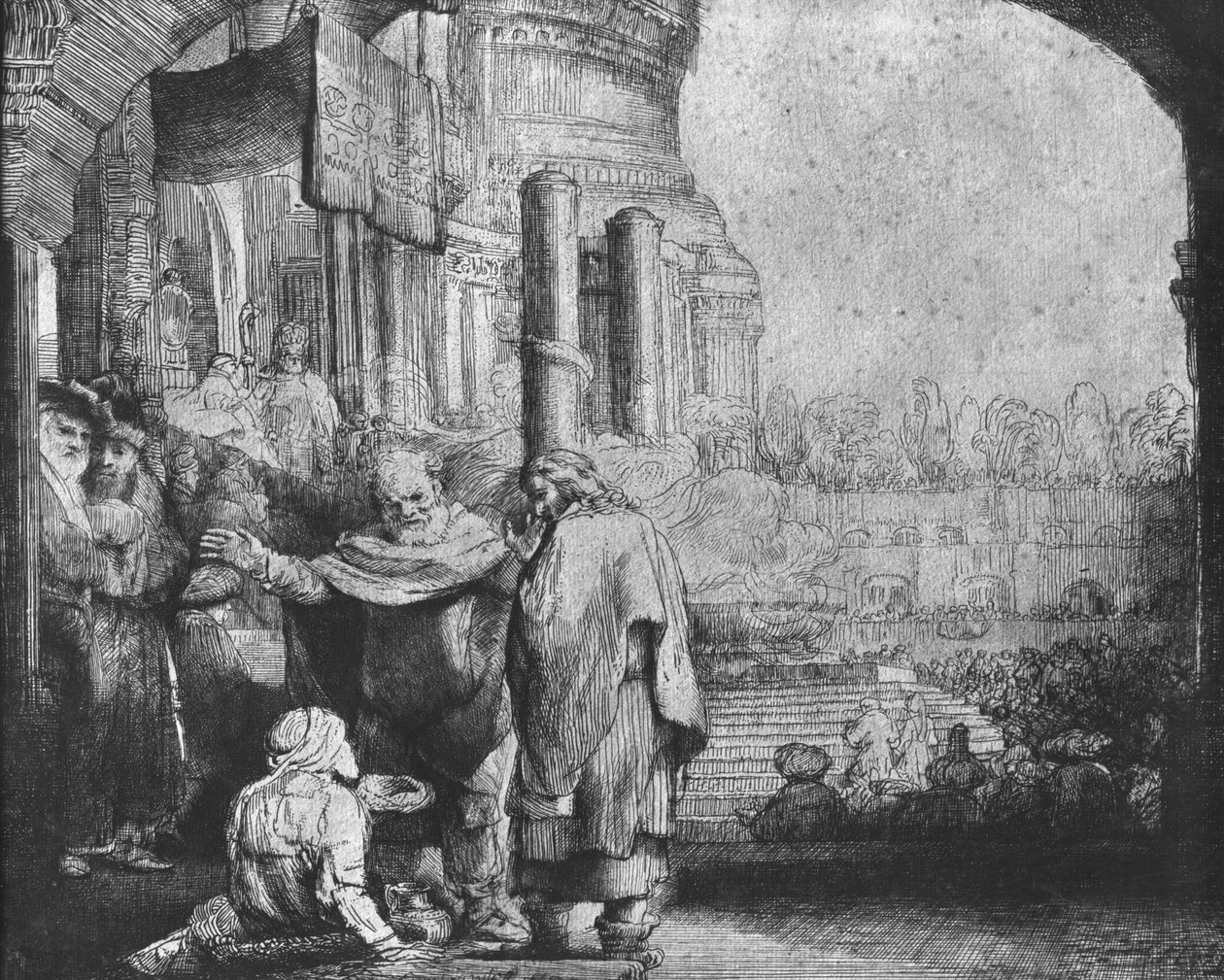 São Pedro e São João na entrada do templo, 1649 (gravura) (foto bw) de Rembrandt van Rijn