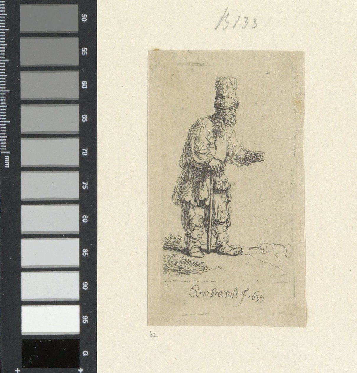 Camponês de pé, com capacete alto, apoiado sobre um pau
Recueil de quatre-vingt-cinq estampes originales (título da série) de Rembrandt van Rijn